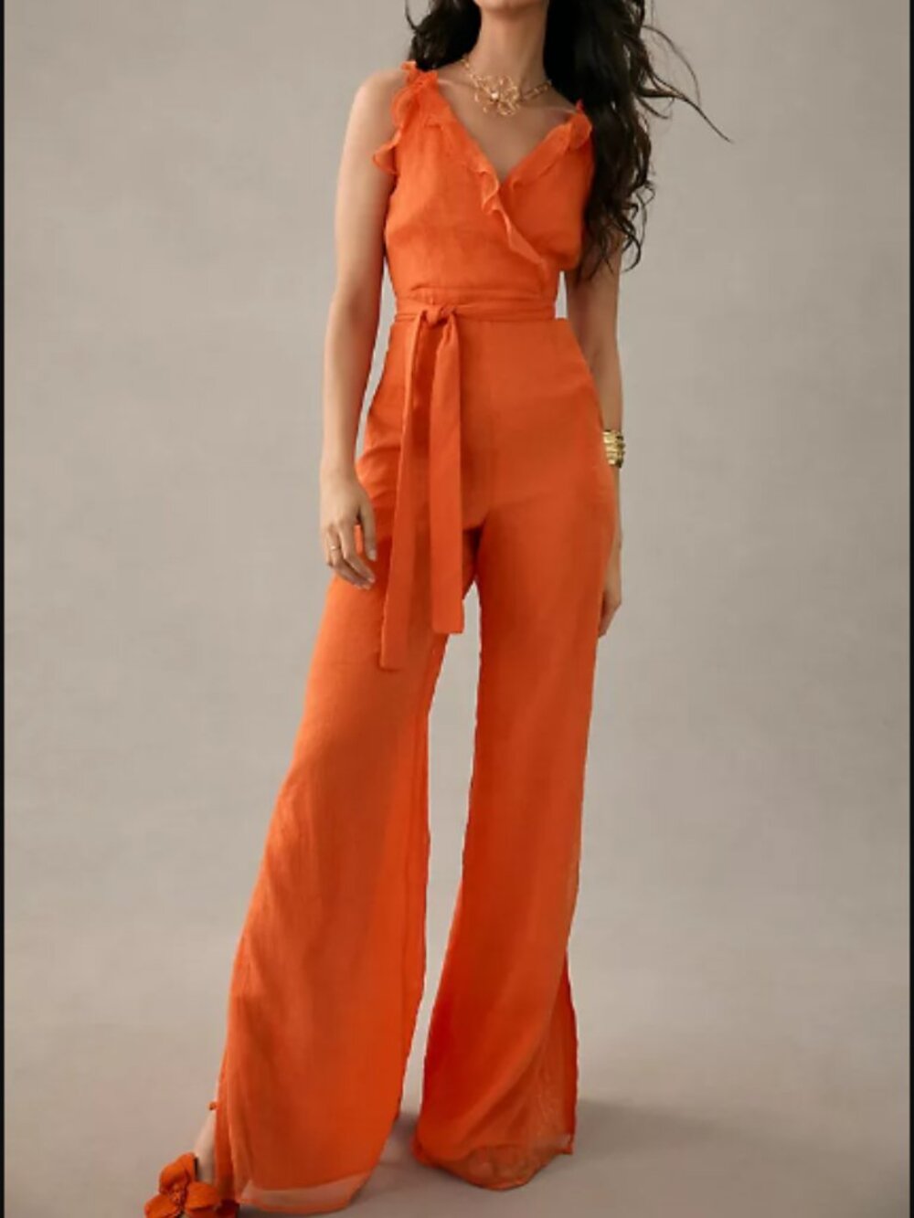 Anthropologie Hutch Tangerine Orange Sleeveless Ruffle Jumpsuit Size 6P NWT - Picture 2 of 16